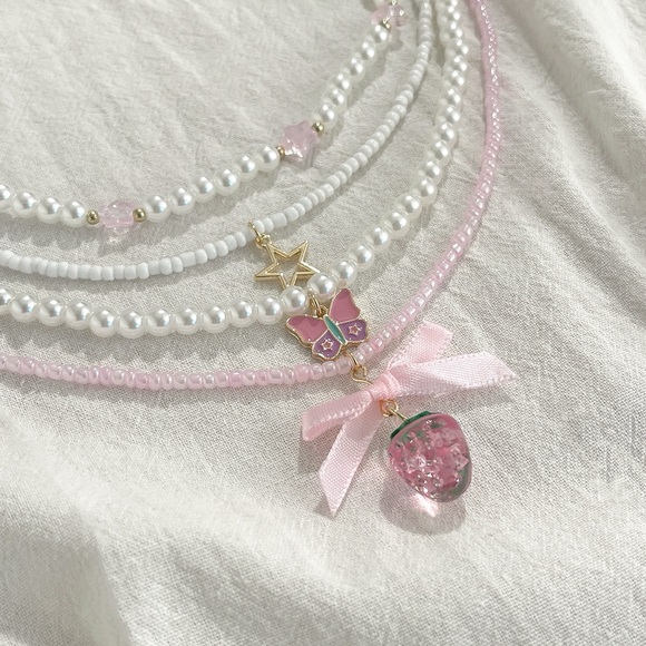 Zara Jewelry - Zara Pink Pearl Layered Necklace with Strawberry & Butterfly Charms